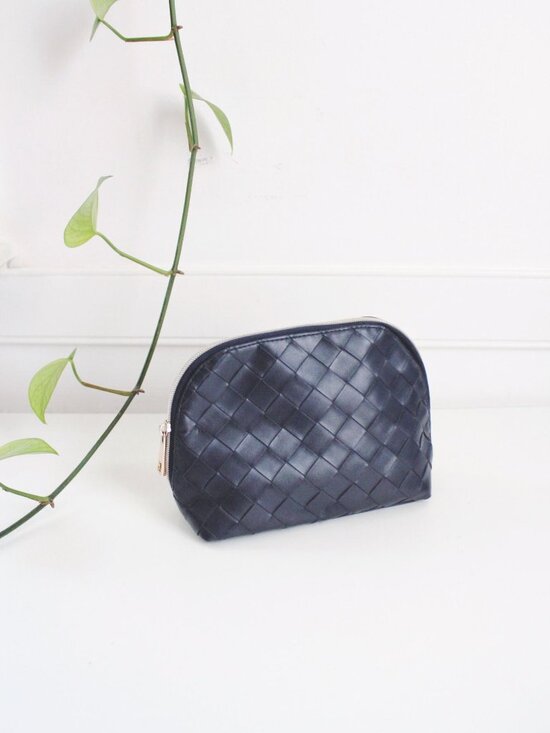 Handbags - Woven Navy Blue Cosmetic Pouch Basket Weave Woven Intrecciato Flat Bottom